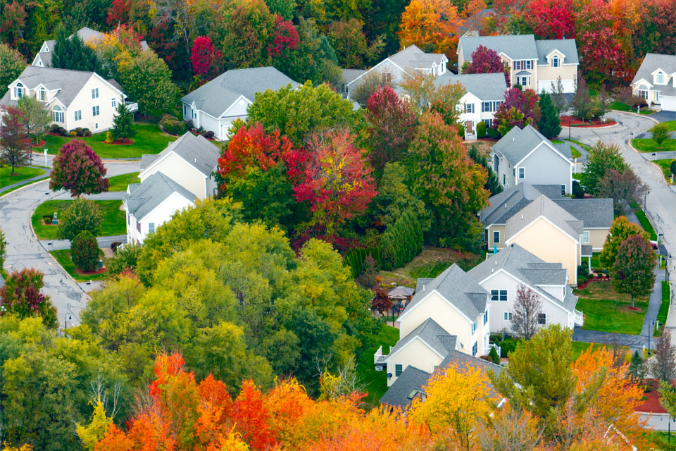 Image of a New England neighborhood with Fall foliage